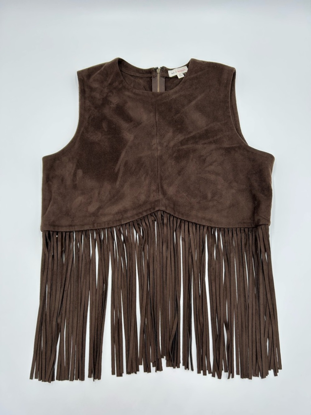 Hot & Delicious Boho Western Dark Brown Suede-Look Fringe Zipper Vest M